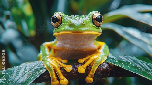 Close-up of a vibrant green tree frog resting on a leaf in a lush tropical environment
