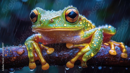 A vibrant green frog perched on a wet branch amidst falling rain, showcasing nature's beauty