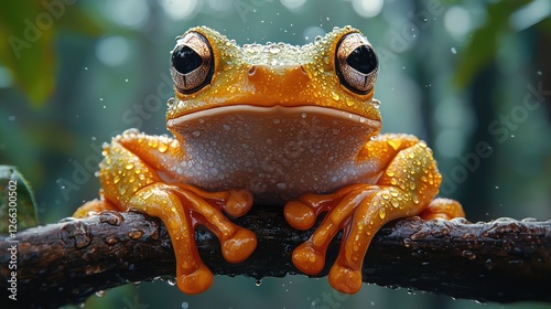 Close-up of a vibrant orange frog perched on a wet branch amidst a lush, misty forest backdrop