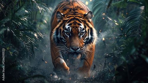 Majestic tiger prowling through dense jungle foliage, showcasing its power and beauty
