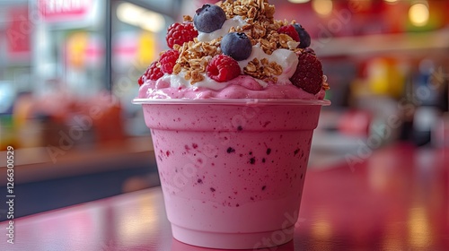 Delicious pink frosty dessert topped with berries and granola in a vibrant caf? setting