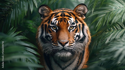 Majestic tiger gazes through lush green jungle foliage, embodying strength and beauty in nature