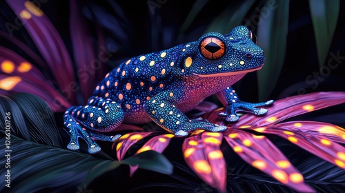 Vibrant blue frog perched on colorful leaves in a lush tropical environment at night