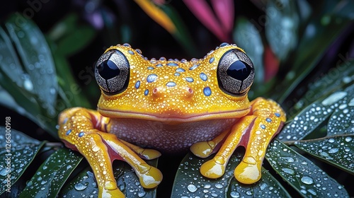 Close-up of a vibrant yellow frog resting on lush green leaves with water droplets glistening