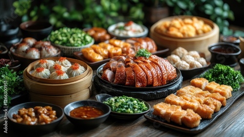 A vibrant spread of assorted dim sum and delicacies arranged on a wooden table, surrounded by greenery