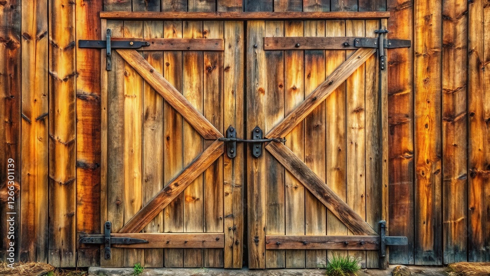 Fototapeta premium Rustic Wooden Double Doors with Cross-Bracing and Antique Metal Hardware on a Weathered Wooden Structure