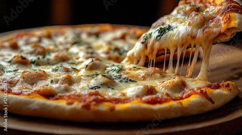 Deliciously melted cheese pizza being pulled apart, showcasing toppings and a rustic wooden background