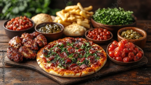 Delicious spread of pizza, wings, and fresh sides on a rustic wooden table with greenery