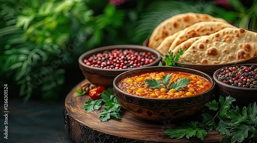 Colorful bowls of lentil curry, grains, and flatbread on a wooden platter surrounded by greenery