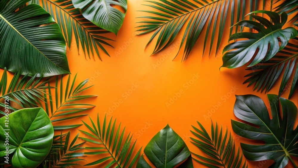 Vibrant Tropical Foliage Arranged on a Bold Orange Background, Ideal for Summer Designs and Projects Vibrant Tropical Foliage Arranged on a Bold Orange Background, Ideal for Summer Designs and Projects