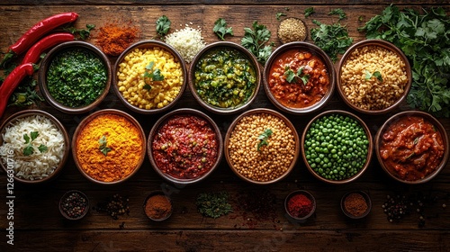 Colorful assortment of spices and dishes arranged in bowls on a rustic wooden table