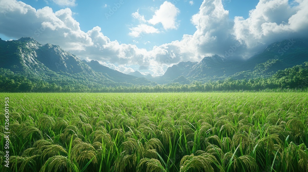 Lush rice field under a vibrant sky with mountains in the background, depicting nature's beauty Lush rice field under a vibrant sky with mountains in the background, depicting nature's beauty