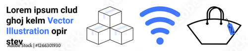 Modular blocks, a wireless signal, and shopping bag communicate innovation, e-commerce, connectivity, and technology. Ideal for networking, logistics marketing retail and business. Perfect flat