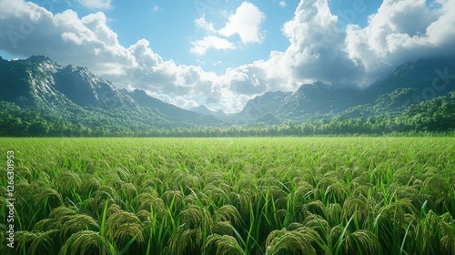 Lush rice field under a vibrant sky with mountains in the background, depicting nature's beauty