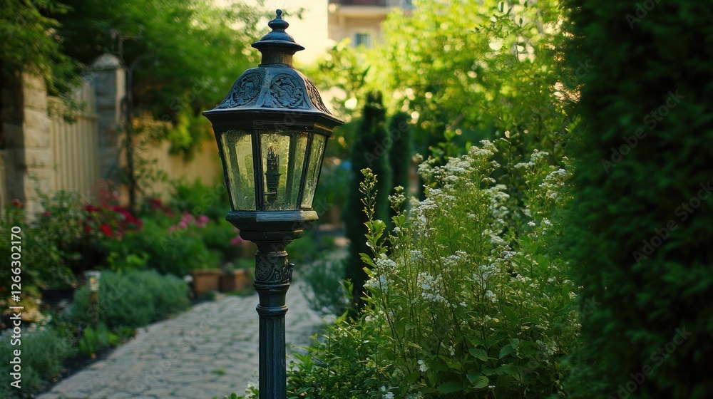 Ornate Garden Lamp Illuminates Stone Path Amidst Lush Greenery Ornate Garden Lamp Illuminates Stone Path Amidst Lush Greenery