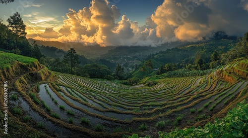 Lush terraced rice fields at sunset with dramatic clouds and hills in the background