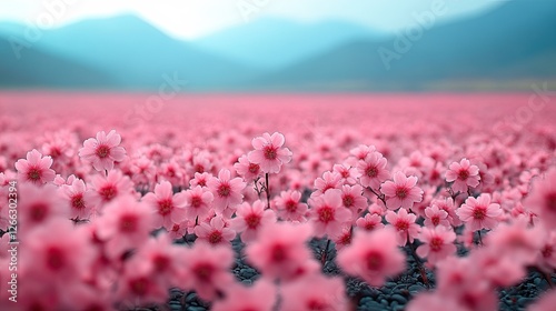 A vibrant field of pink flowers in full bloom against a backdrop of distant mountains