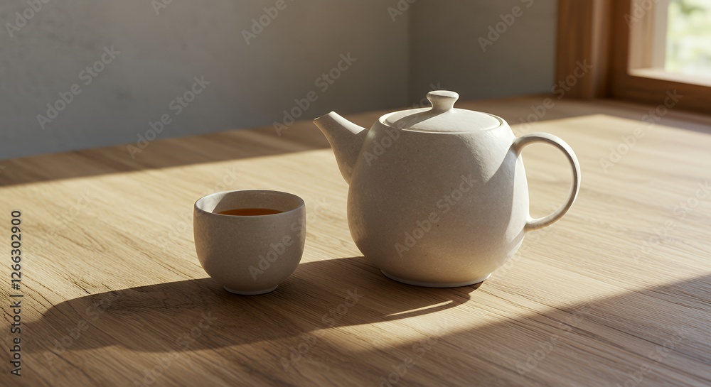 Fototapeta premium Teapot and Cup of Tea on Wooden Table in Sunlight