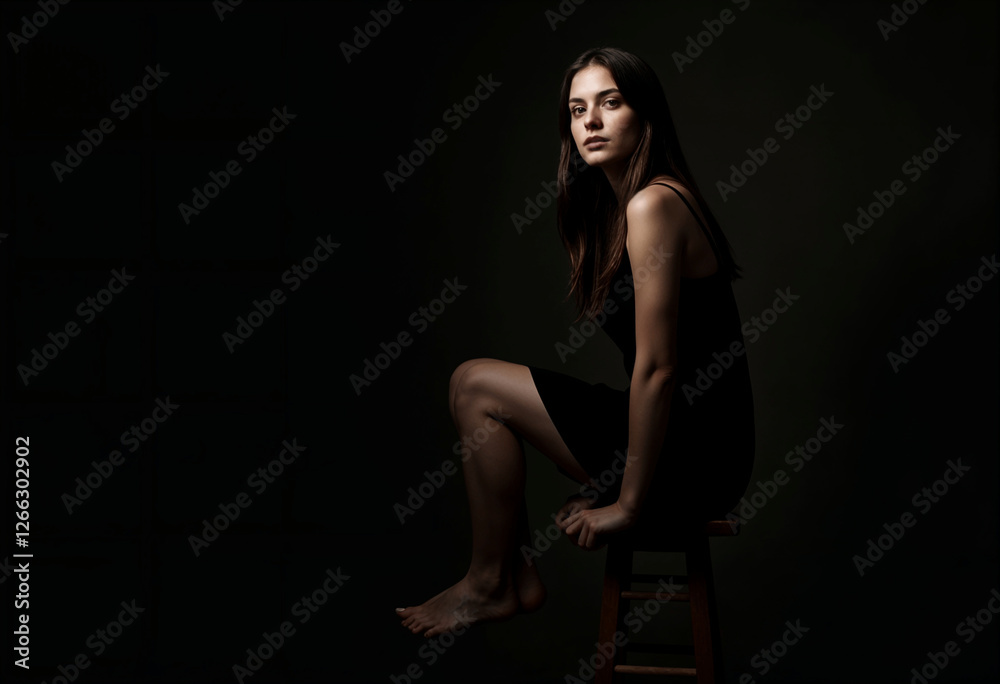 Dark Portrait Woman in Black Dress, Sitting, Studio Shot, Low Light Dark Portrait Woman in Black Dress, Sitting, Studio Shot, Low Light