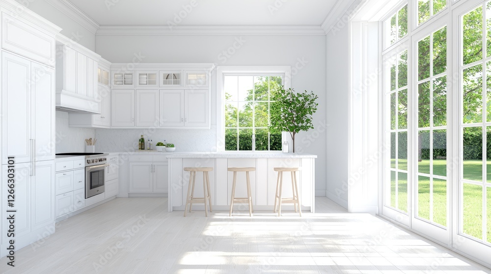 Fototapeta premium Bright white kitchen with garden view, island, sunlight
