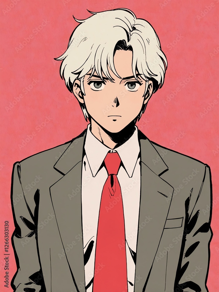 cute office man isolated plain pastel red background, anime retro drawing style cute office man isolated plain pastel red background, anime retro drawing style