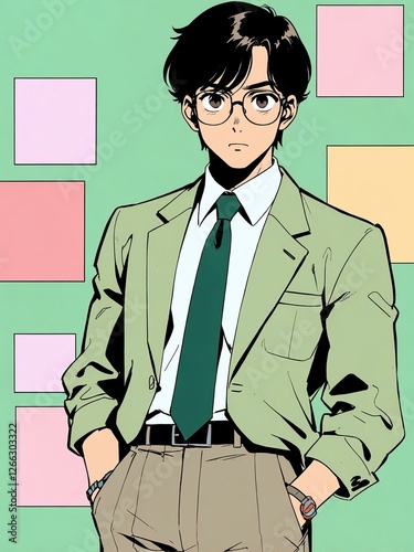 Obraz na płótnie cute office man isolated plain pastel green background, anime retro drawing style w salonie