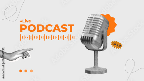 halftone collage, Live podcast design with vintage microphone, sound waves, hand gesture and 'On Air' badge. audio streaming, broadcasting, radio shows, and digital content. Modern podcasting concept