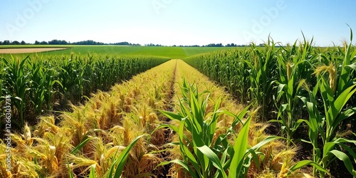 A vibrant field of lush green cornstalks against a clear blue sky, summer harvest, nature, crops photo