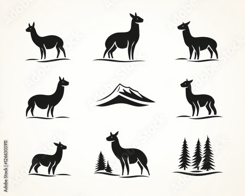 Black minimalist animal concept. Stylized silhouettes of llamas set against minimalist backgrounds, reflecting nature and wildlife art. photo