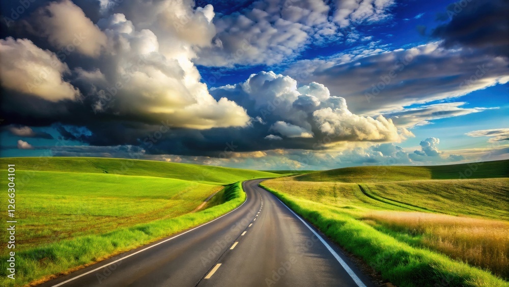 Asphalt ribbon curving through verdant rolling hills under a dramatic sky, a scenic summer journey ahead Asphalt ribbon curving through verdant rolling hills under a dramatic sky, a scenic summer journey ahead
