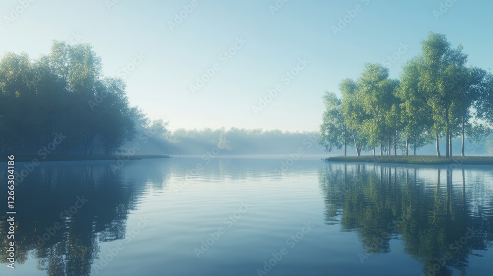 Serene morning at a tranquil lake surrounded by lush trees and misty fog in the early hours of dawn Serene morning at a tranquil lake surrounded by lush trees and misty fog in the early hours of dawn