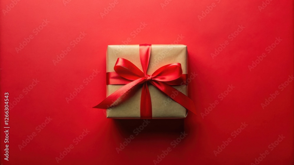 A single gift box with a crimson ribbon, presented on a vibrant red background, ready for giving A single gift box with a crimson ribbon, presented on a vibrant red background, ready for giving