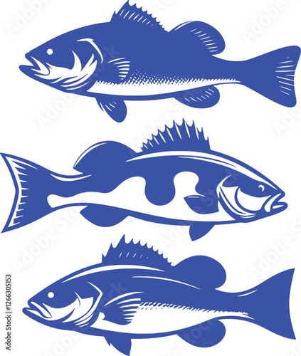 Three blue fish silhouettes.