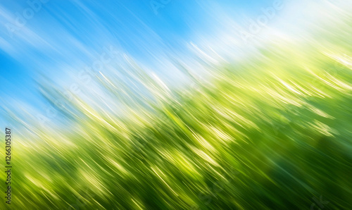 Abstract Nature Motion Blur Background with Green Grass and Blue Sky