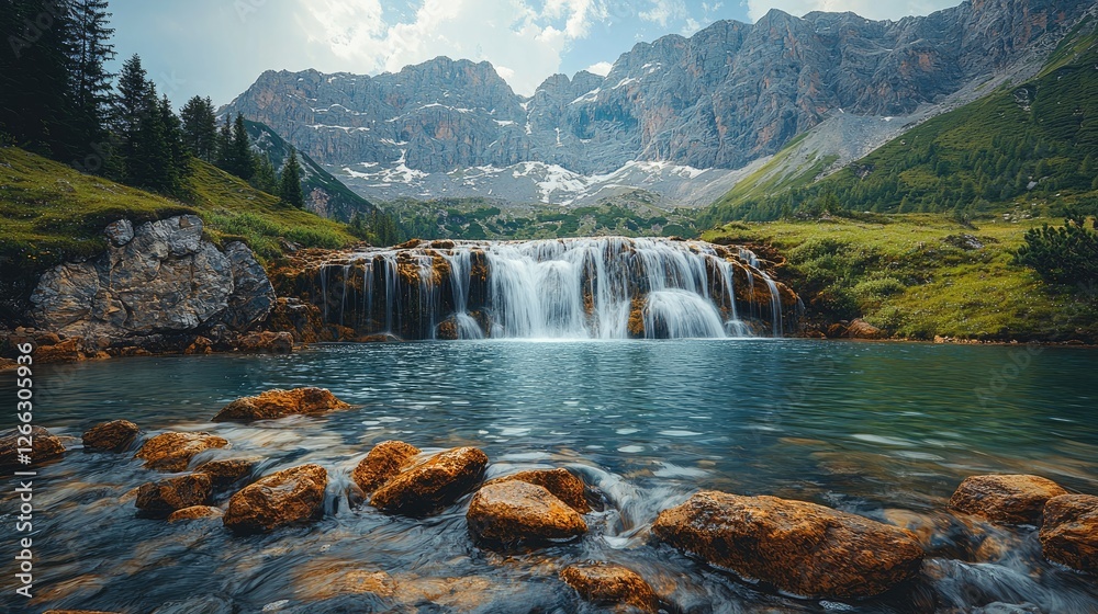 Fototapeta premium Serene waterfall cascading over rocks in a lush green valley surrounded by majestic mountains