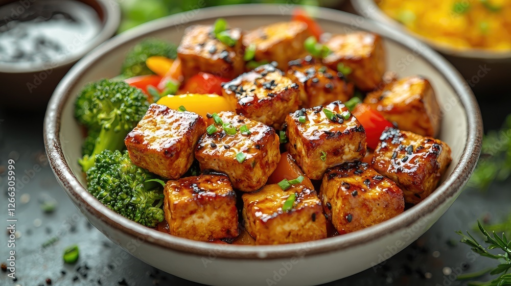 Colorful stir-fried tofu with vegetables in a bowl, garnished and ready to serve on a table Colorful stir-fried tofu with vegetables in a bowl, garnished and ready to serve on a table