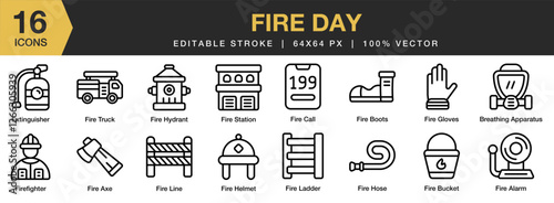 Fire Day icon set. Editable Stroke Icon Collection. Includes fire, red, flame, explosion, danger, and More. Outline icons vector collection.