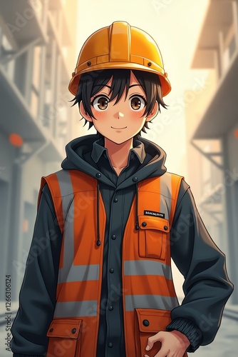 stunning illustration of anime portrait of a construction worker character against an aesthetic background
