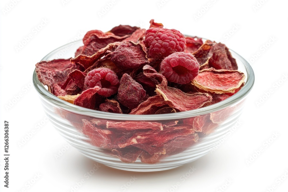 Bowl of dehydrated strawberries and raspberries on a white background with generative ai Bowl of dehydrated strawberries and raspberries on a white background with generative ai
