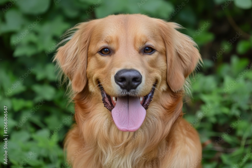 Happy golden retriever in lush green foliage. Perfect for pet, nature, or happiness themes. Happy golden retriever in lush green foliage. Perfect for pet, nature, or happiness themes.