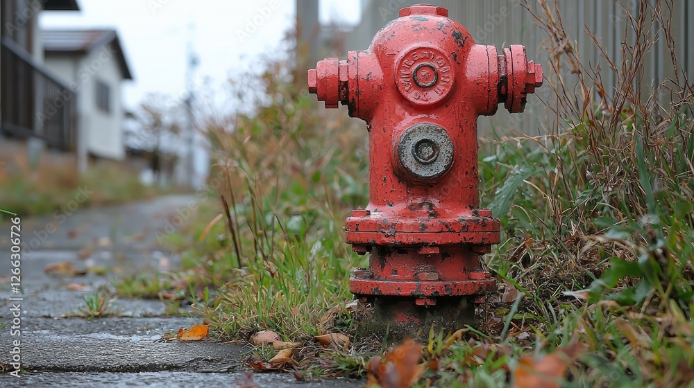 Red fire hydrant on a wet sidewalk surrounded by grass and autumn leaves in a quiet neighborhood Red fire hydrant on a wet sidewalk surrounded by grass and autumn leaves in a quiet neighborhood