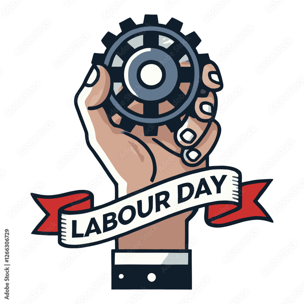 Fototapeta premium Hand Holding Gear with Labour Day Ribbon Illustration