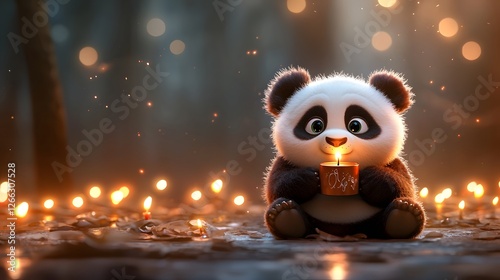 Adorable baby panda blowing out a birthday candle surrounded by a soft glowing light and a warm cozy atmosphere  The scene evokes a sense of wonder joy and innocent charm