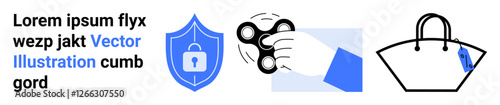 Hand holding a spinner, shield icon symbolizing security with a lock, and minimalist handbag with a visible price tag. Ideal for security, shopping, relaxation, technology, retail, leisure flat