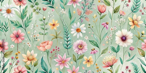 A Charming Seamless Pattern of Delicate Watercolor Flowers and Lush Greenery on a Soft Green Background, Ideal for Textile Design and Various Decorative Applications
