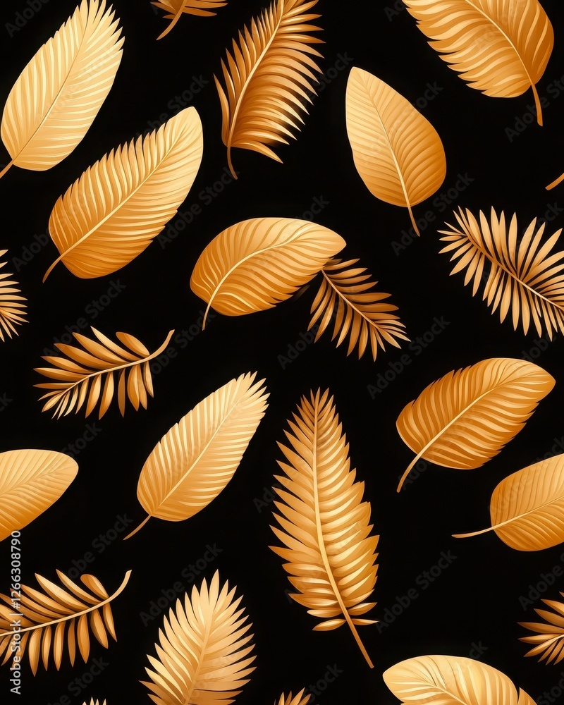 A stylish pattern featuring golden leaves against a black background, creating a luxurious and elegant aesthetic. A stylish pattern featuring golden leaves against a black background, creating a luxurious and elegant aesthetic.