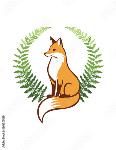 A graceful fox sitting elegantly, framed by a symmetrical arrangement of green fern leaves.