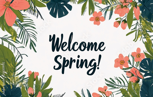Floral Welcome Spring Card with Tropical Leaves and Peach Blossoms Design