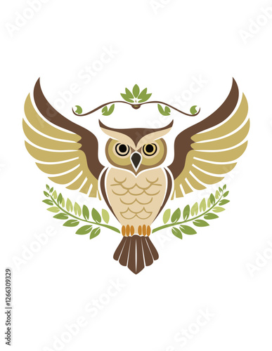 A symmetrical illustration of an owl with outstretched wings, adorned with decorative green leaves and elegant detailing.