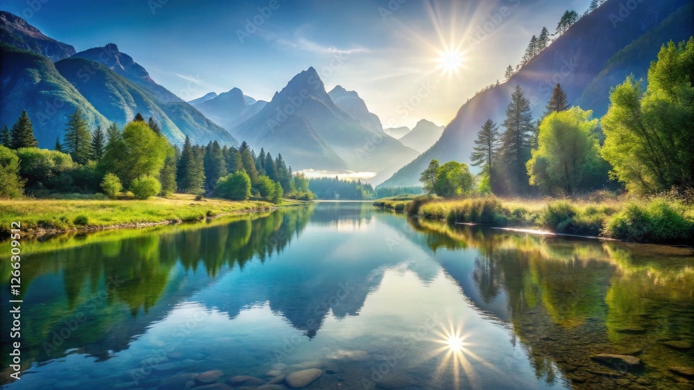 Fototapeta premium Serene mountain lake reflecting sunrise splendor, surrounded by lush green trees and tranquil waters